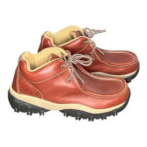 GBX Leather Moc Toe Boots Mens 7.5M Cognac Brown Lug Sole 144897 Rugged Gorpcore